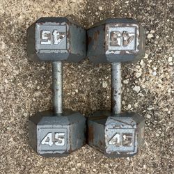 45 lb Dumbbells dumbbell set lbs Cast Iron Hex 45lb pound pounds 45lbs weights weight pair #