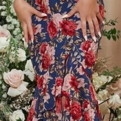 Floral Print Lace Up Backless Layered Mermaid Hem Slip Dress Size L Fits a Medium $65