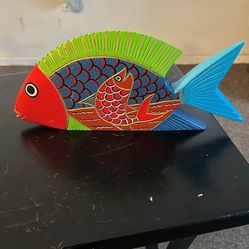 Oaxacan Hand Carved Painted Fish w/Deer Design Mexican Wood 12 Inches Wide