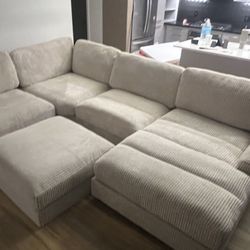 New 5 Piece Corduroy Fabric Sectional.  Off White / Beige.  90”x127”x66”.  Free Delivery!
