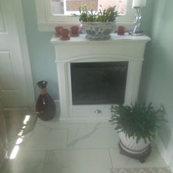 Electric fireplace with remote works great. The top with the plants did  water lifting on it