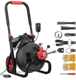 75 ft x 1/2 inch Upgraded Electric Sewer Drain Snake Auger with 8 Cutters and 1 Root Killer, for 2-4 inch Pipes, Auto Feed Plumbing Drain Cleaner Mach
