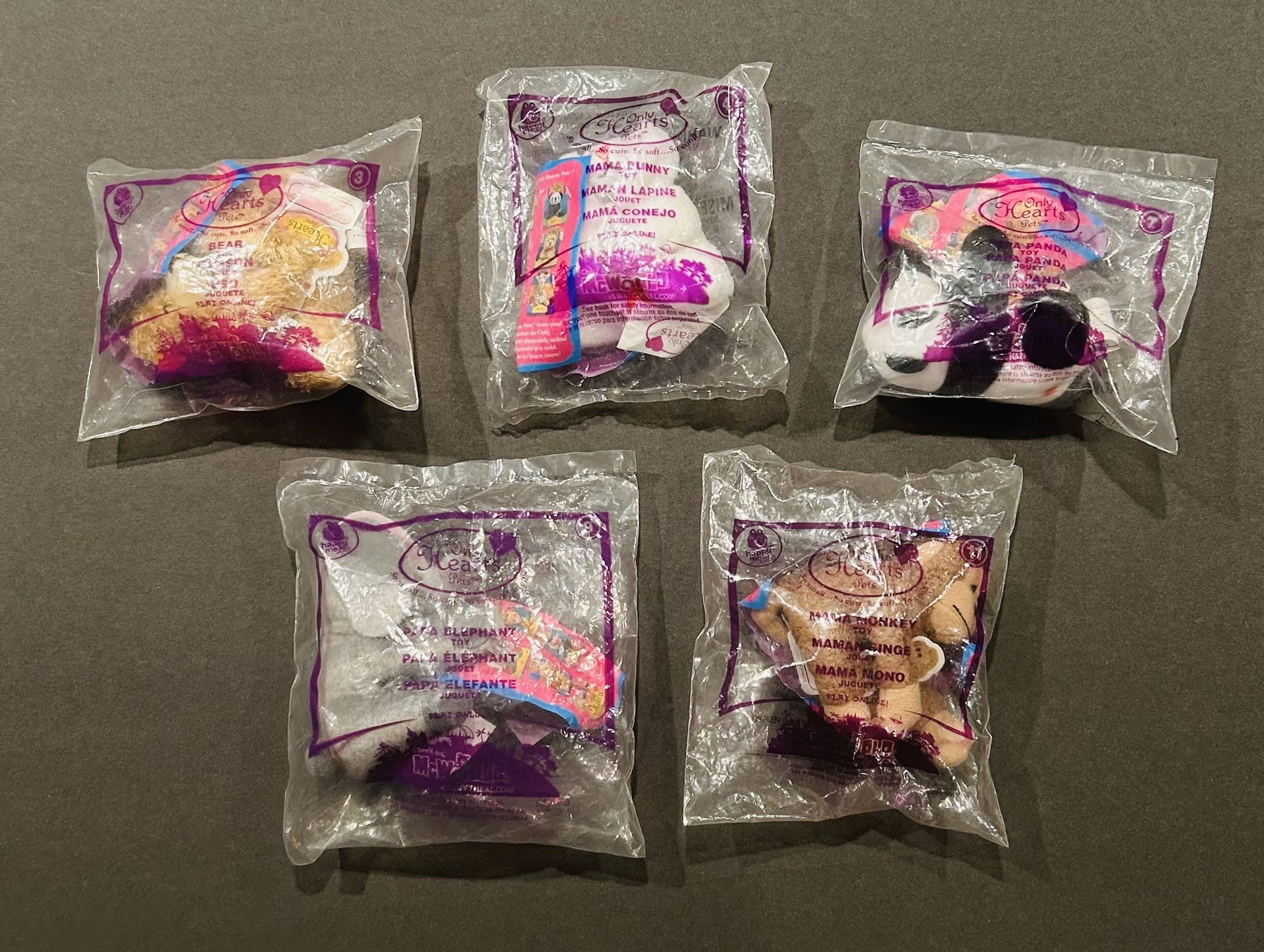 2010 Only Hearts Pets McDonalds Happy Meal Toys (Lot of 5) - New/Sealed Bear Mama Bunny Papa Panda Papa Elephant Mama Monkey