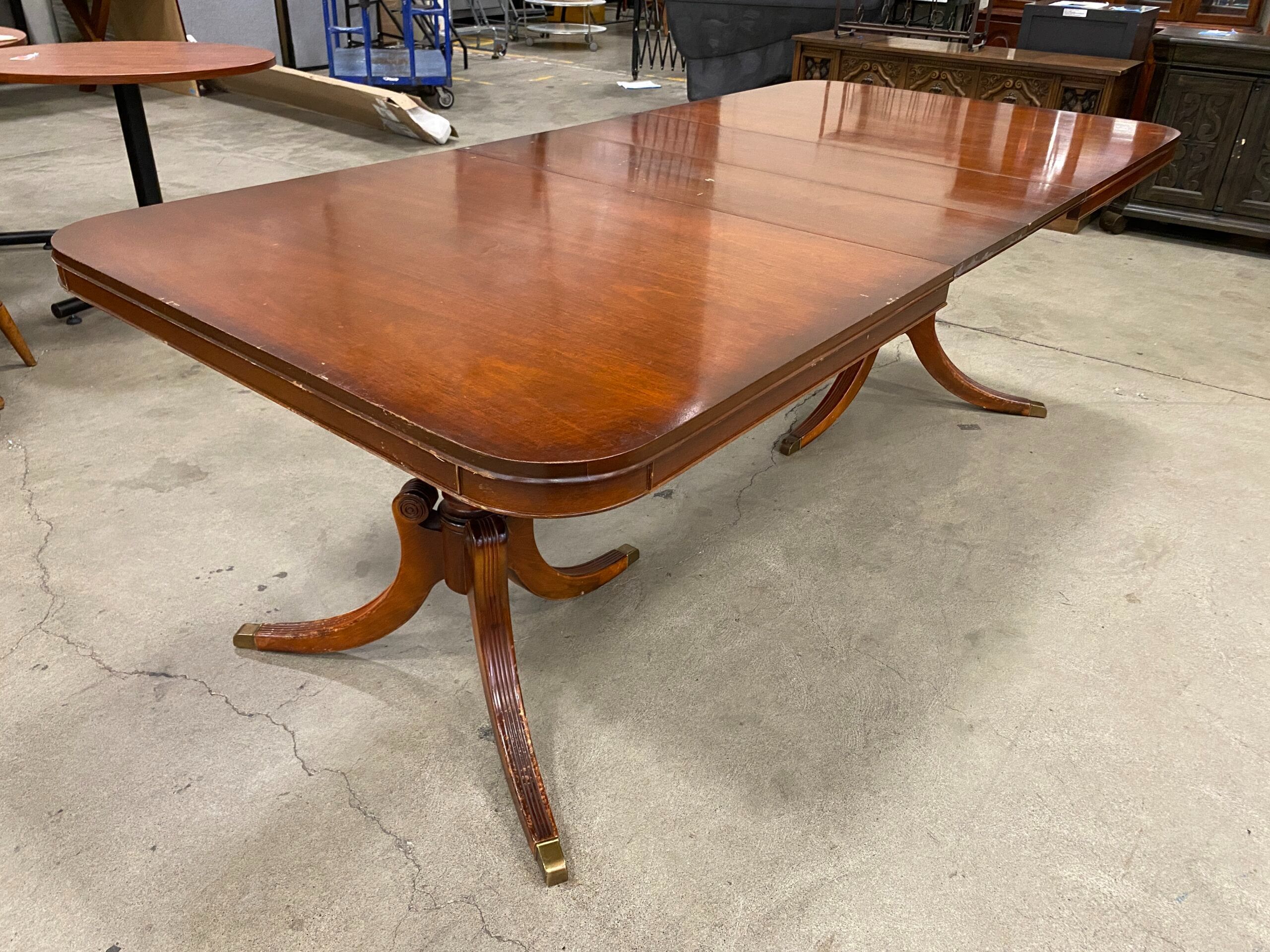 Cherry Stained Double Pedestal Dining Table with 2 Extension Leaves