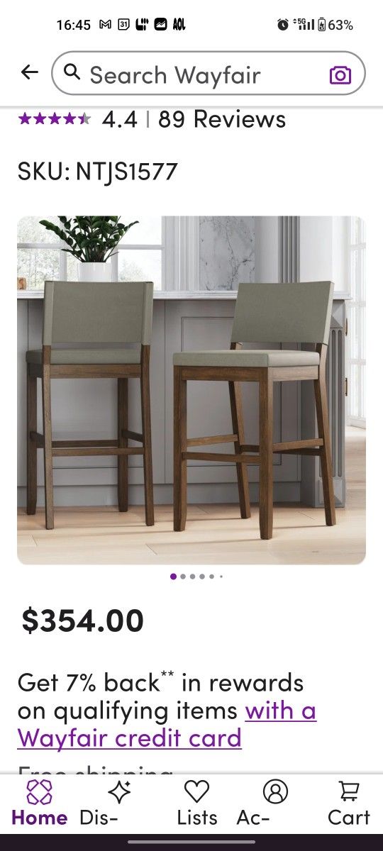 1 Wood Nathan James Upholstered Sling Back Bar Stools Gray
