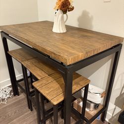 Industrial Bar-Height Table with 3 Stools – Space-Saving Dining Set