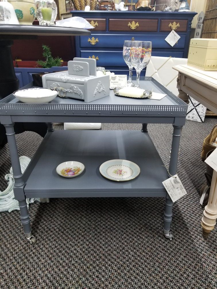 Unique vintage grey end table ot accent table with metal trim