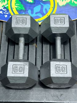 PAIR  OF  60 LB. STEEL  HEX  DUMBBELLS