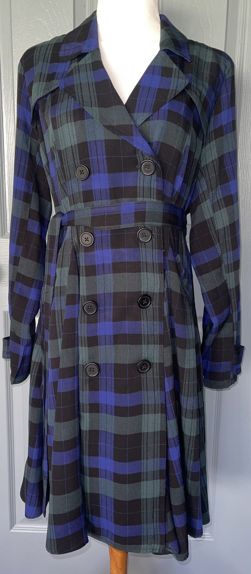 TORRID TWILL FIT & FLARE SKATER BLUE & GREEN PLAID DRESS TRENCH COAT. Size M/L