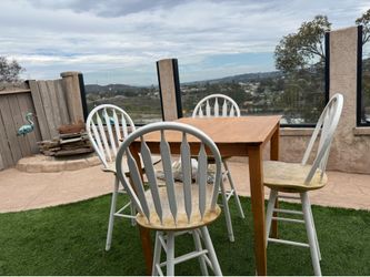 Wooden Dining Table with 4 White Windsor Bar Stools