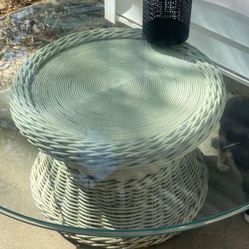 Final REDUCTION $44:  Rattan Coffee Table W’ 54” Glass Table Top