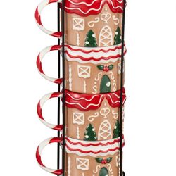 Set Of 4 Gingerbread House Mugs With Rack