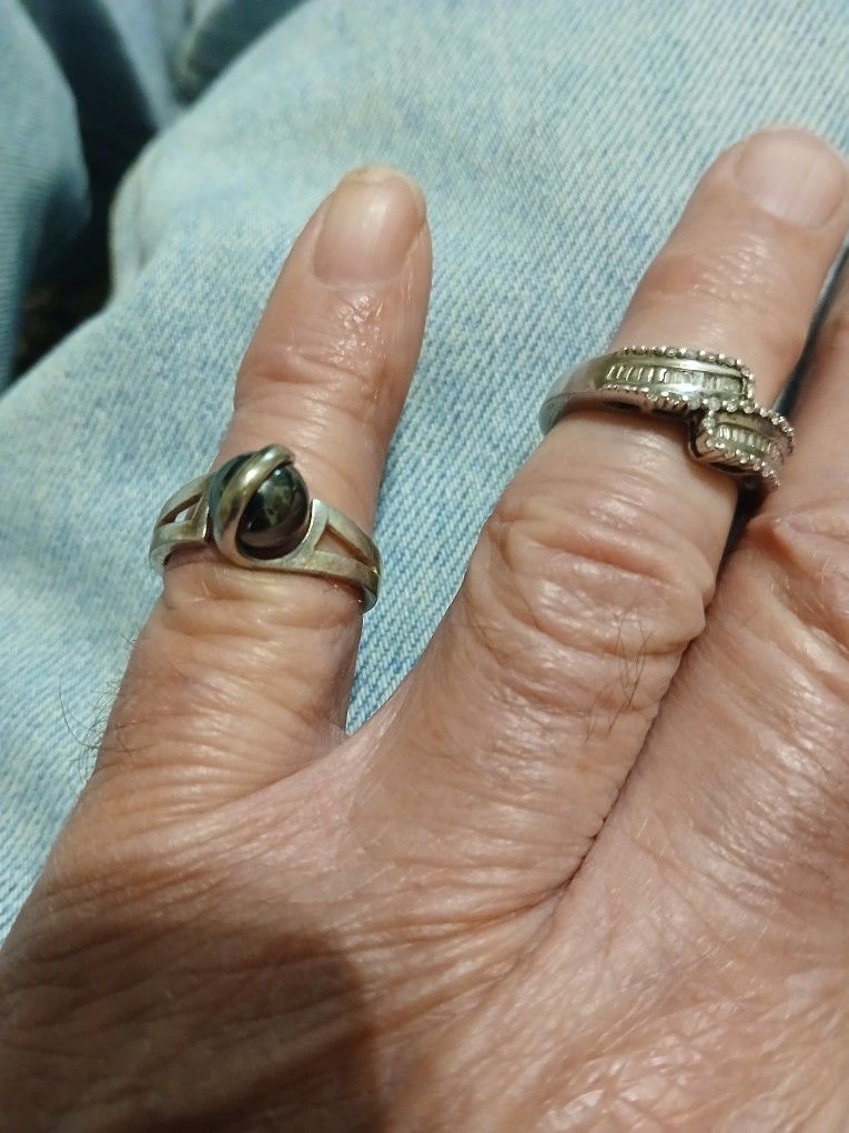 Sterling Silver Rings. Onyx Pearl, and Rhinestone