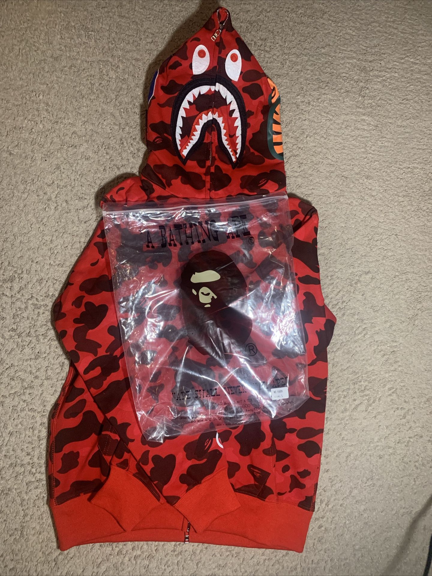BRAND NEW Red Bathing Ape (BAPE) Shark Hoodie Sizes MEDIUM LARGE AND EXTRA LARGE
