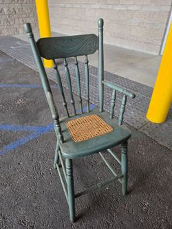 Vintage Pressed-Back Wooden Youth Chair with Woven Cane Seat – Distressed Sage Green