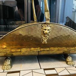 Vintage Hammered Brass Lion Head/Clawfoot Fire Log Holder with Delft Floral Porcelain Handle