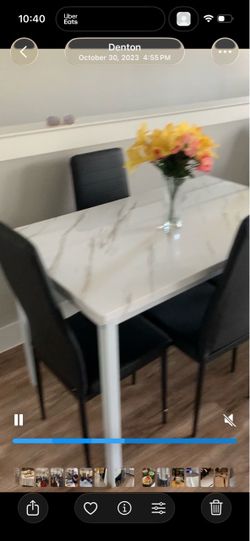 White Marble-Top Dining Table with 4 Black Chairs