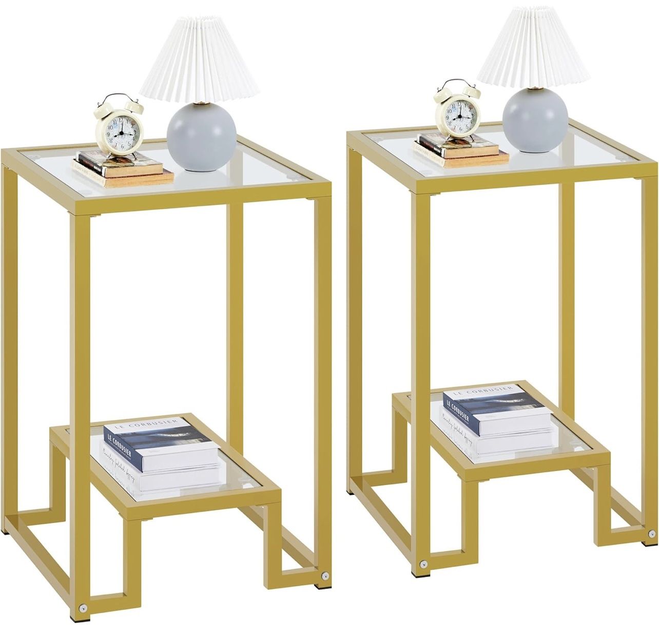 Gold Nightstand Set of 2, Modern Tempered Glass Side Table with Open Shelf & Metal Frame, Heavy-Duty Square Coffee Table End Table for Living Room Bed