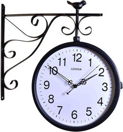 Outdoor Double Sided Clock Waterproof Hanging Clock for Patio, Garage, Outdoor Area Antique Look Train Station Clock Two Sided Clock for Indoors/Outdo