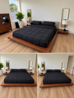 Wood Platform Bed Frame with Floating Nightstands