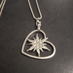 925 Sterling Silver Edelweiss Flower Pendant Enclosed Within Heart Shaped Frame W/Cubic Zirconias On 34" Venetian Box Chain