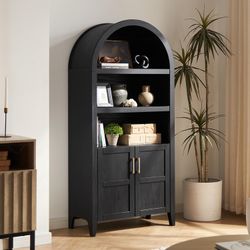 mopio Lauren 65.4" Short Arched Cabinet, 5-Tier Arched Bookcase with Doors and Shelves, Mini Arch Bookshelf with Storage, Wooden Storage Cabinet for L