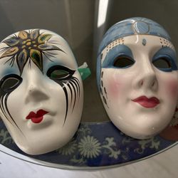 2 Art Deco Venetian Style Ceramic Porcelain Wall Masks.  Pair $25.  