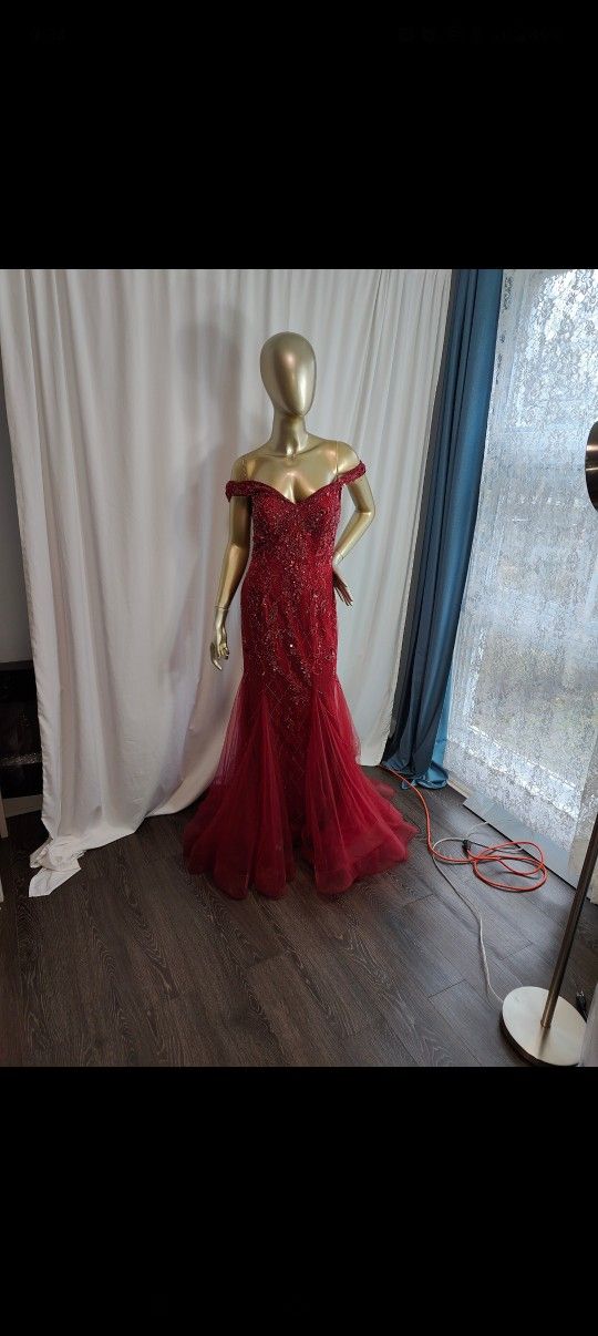 Camille Red Maroon Off The Shoulder Mermaid Gown