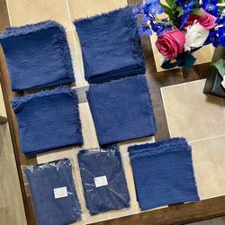 Set of 62 Navy Blue Cotton-Linen Fringe Napkins – Washed & Ready to Use
