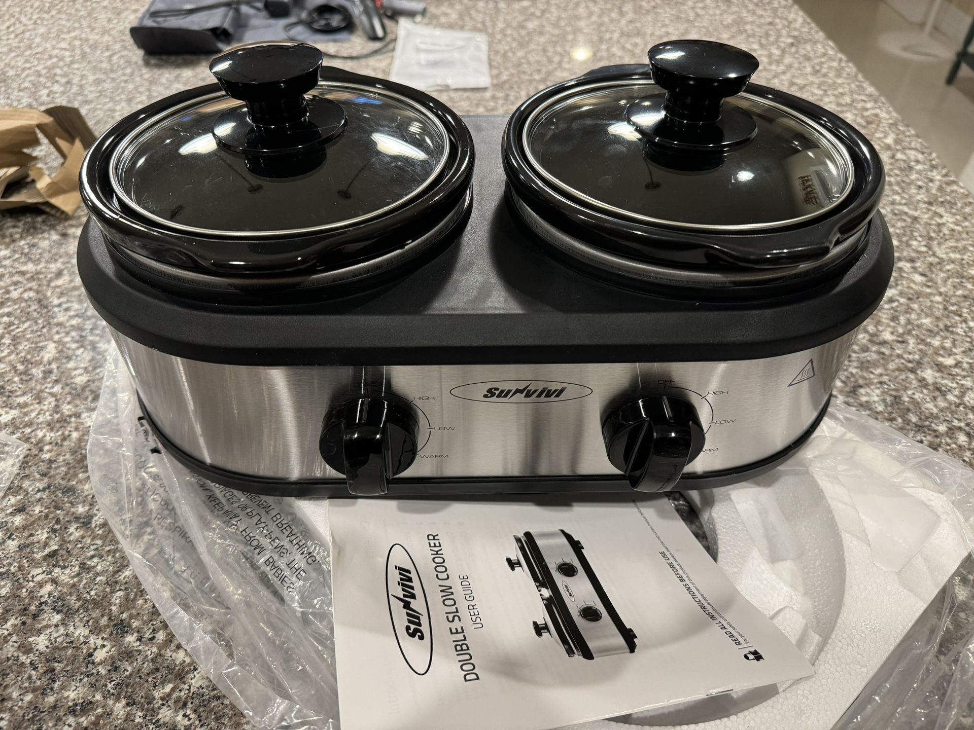 Sunvivi Dual Pot Slow Cooker, 2 Pot Small Mini Crock Buffet Server and Warmer, Upgraded Oval Ceramic Double Pot Buffet Food Warmer Adjustable Temp Gla