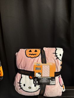 Hello Kitty Pink Halloween Orange Pumpkin Fall TWIN 60 x 90" Plush Blanket NWT