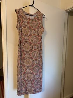Free People: mid-length dress. Boho patterned, Super-soft summer dress. Size large. Dark blue dress ( I used as beach cover) with embroidery on chest