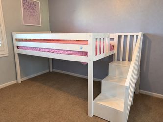 White Twin Low Loft Bed with Stairs