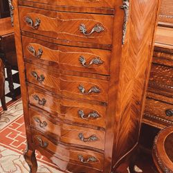 Vintage Louis XV Gable Style Satinwood Ornate Inlaid Chest Of Drawers With Marble Top.