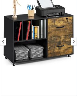 This rolling file cabinet comprises 2 ample drawers, 2 big open storage shelves and 2