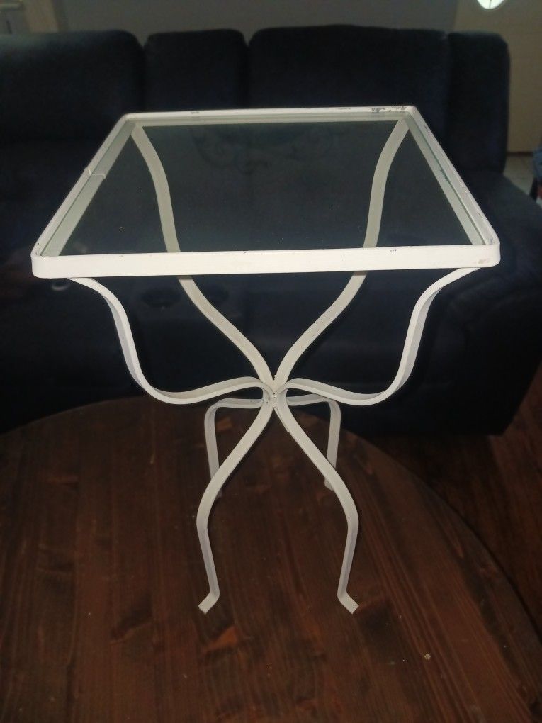 Vintage Wrought Iron Glass Top Side Table 