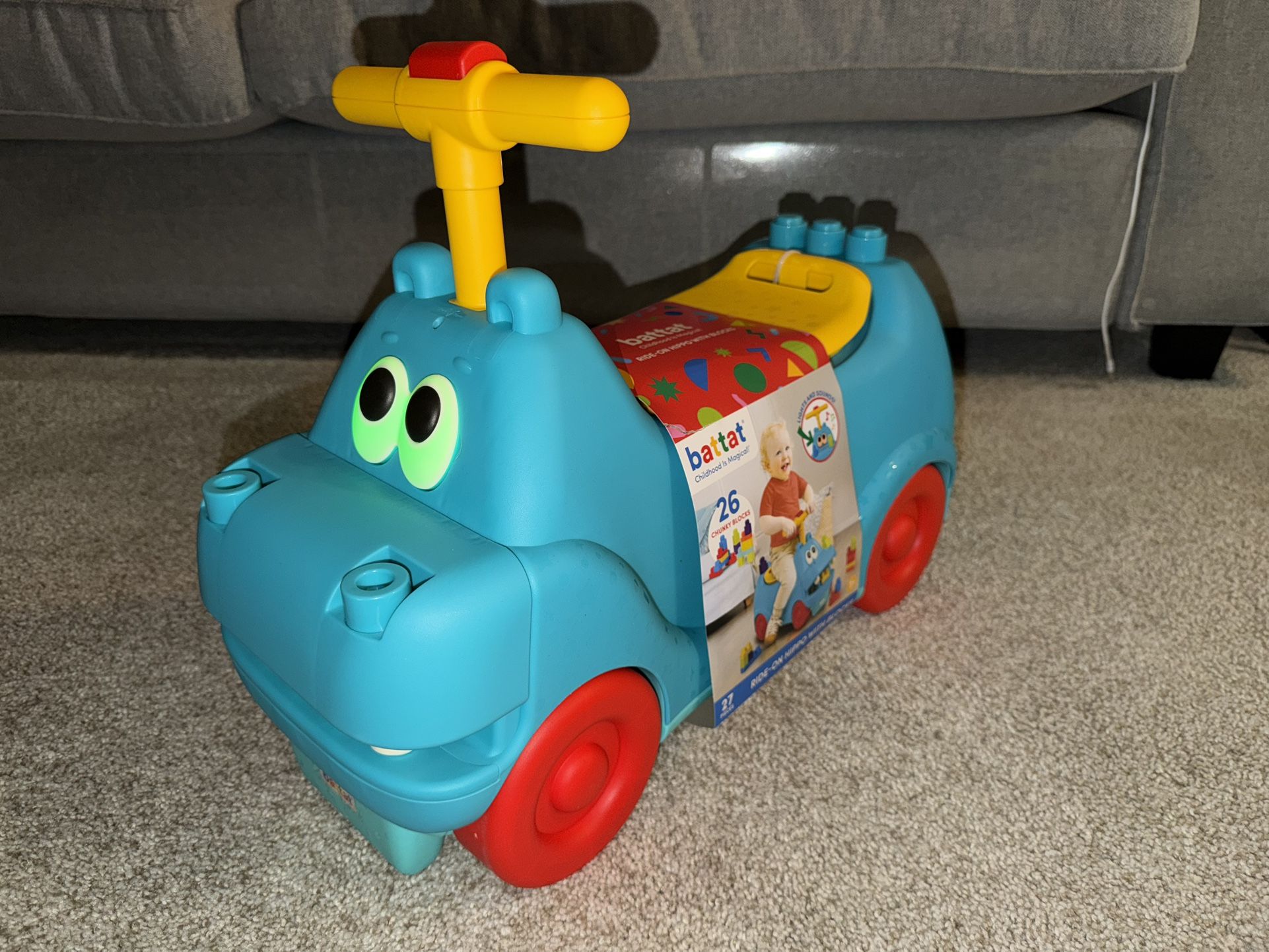 NEW Battat Blue Ride-On Hippo Toddler Toy 12M+ w/ 26 Building Blocks Storage Lights Sounds
