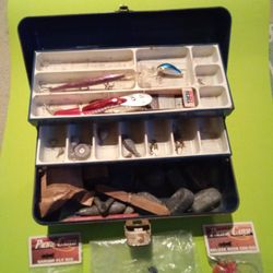 Reel And Tackle Box With Fishing Supplies 