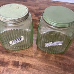 Vintage Anchor Hocking Ribbed Green Uranium Depression Glass Canisters, set of 2
