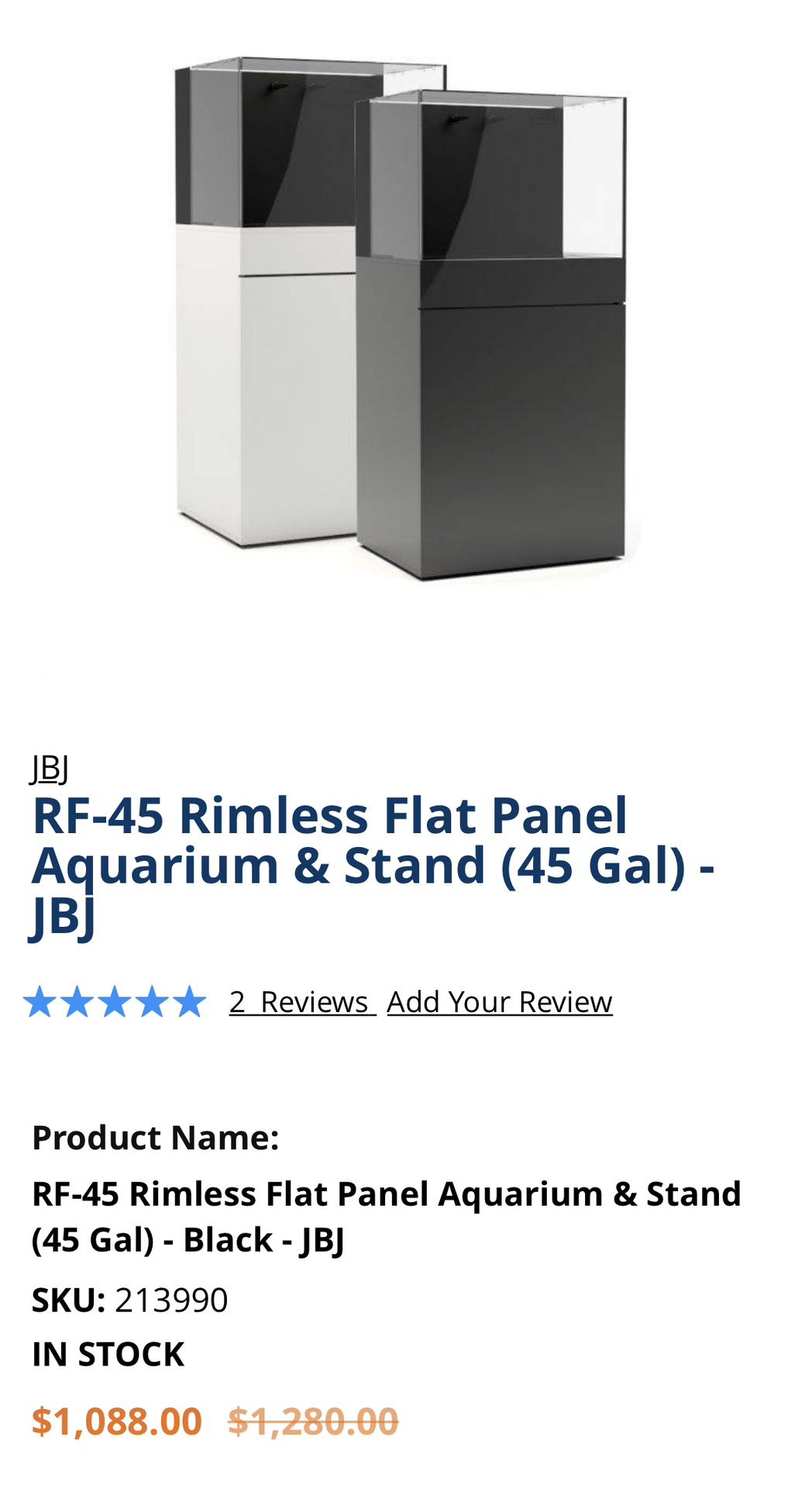 45 Gallon Rimless Flat Panel Aquarium w/ Black Stand - JBJ 