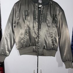 NWT Victorias Secret PINK SATIN ARMY GREEN BOMBER JACKET HOODIE SIZE SMALL 