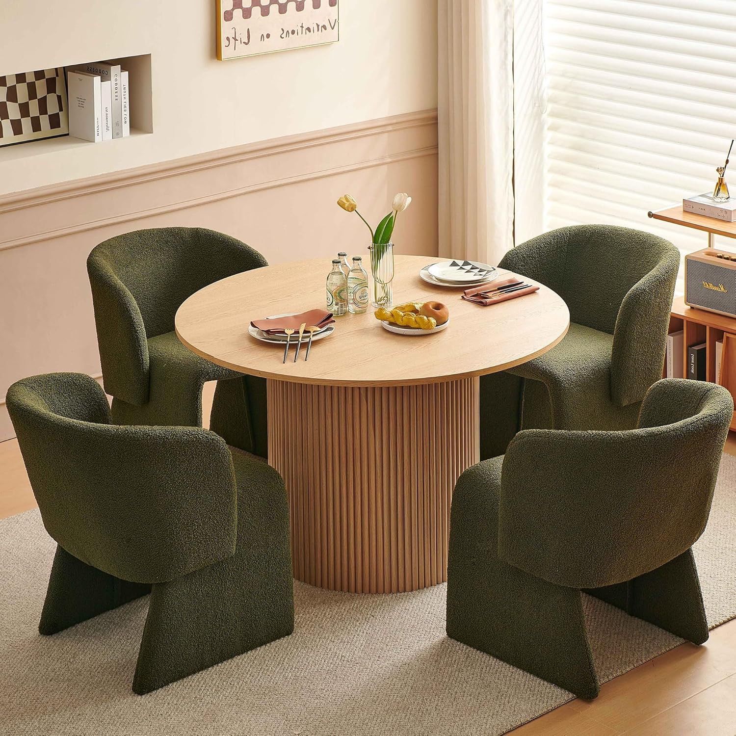 Upholstered Dining Chair Green Set of 6,Stylish Accent Barrel Side Chairs Cozy Single Sofa Chair Teddy Velvet Comfortable Armchair for Bedroom Reading