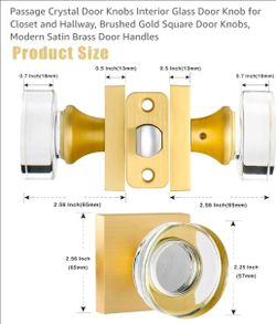 Crystal Glass Door Knob Brushed Gold Square Passage