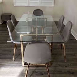 Big Glass Dining Table And Six Velvet Chairs