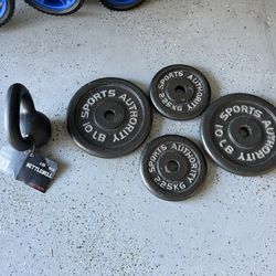 BUNDLE: 2-10 lb, 2-5lb Sports Authority Standard Size Barbell Weight Plates & 1-8.8 lb. Kettle Bell 