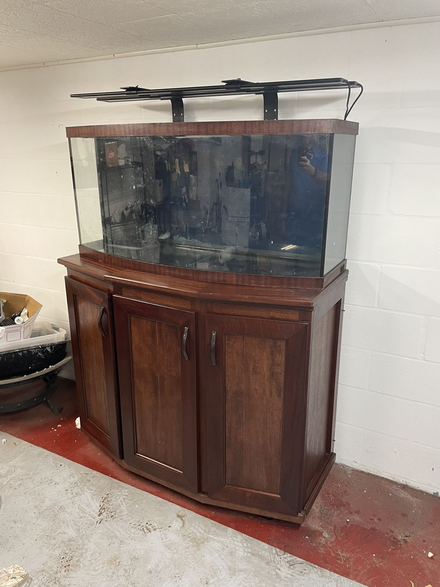 72 Gallon  bowfront aquarium with custom made mahogany base cabinet