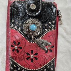 Turquise Stone Feather Tooled Leather Crossbody Western Phone Wallet /red