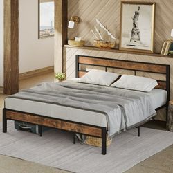 LIKIMIO King Metal Industrial Brown Bed Frame