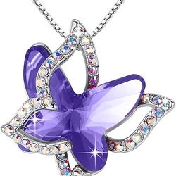 Butterfly Birthstone Crystal Necklace - Silver Tone with 45.72cm+5.08cm Chain - Necklace Mother's Day Anniversary Birthday Christmas - Gift for Ladies