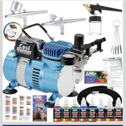 Master Airbrush Cool Runner II Air Brush Kit with Air Compressor Dual Fan 3 Airbrushes, 6 Color Acrylic Paint Set, Hose, Brushes & Learning Guide Manu